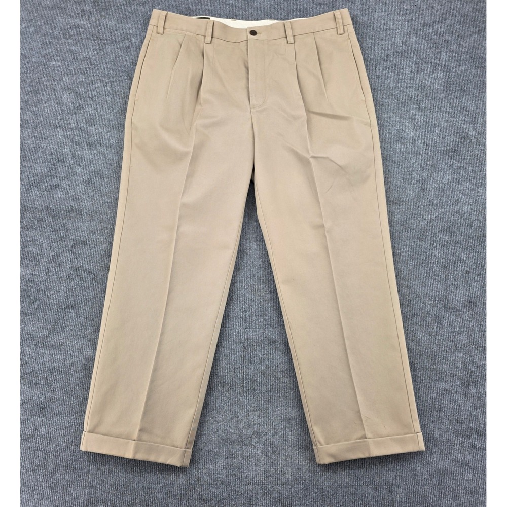 Orvis Mens 38 (Fit 39) Khaki Tan Pleated Cotton Chinos Cuffed Straight Leg